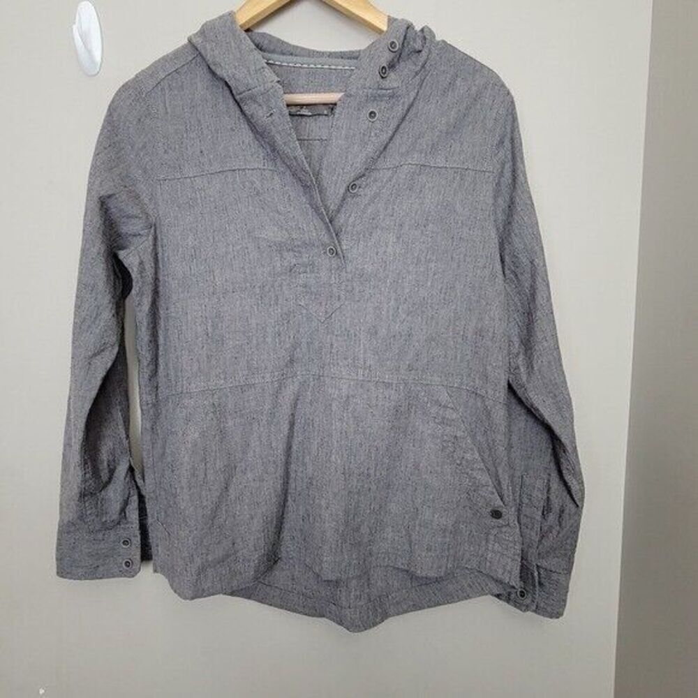 prAna Womens Shelton Top Hooded Hemp Pullover Secret Pocket Grey Chambray Small